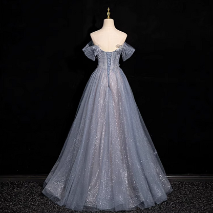Robe de bal longue en tulle à paillettes et col en cœur gris-bleu, robe de soirée gris-bleu ED01140
