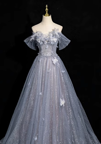 Robe de bal longue en tulle à paillettes et col en cœur gris-bleu, robe de soirée gris-bleu ED01140