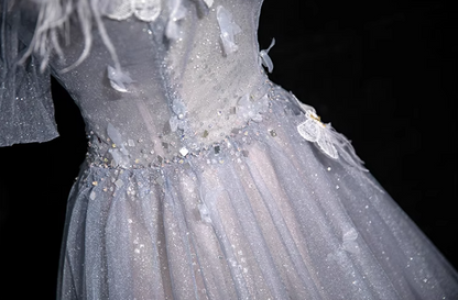 Robe de bal longue en tulle à paillettes et col en cœur gris-bleu, robe de soirée gris-bleu ED01140