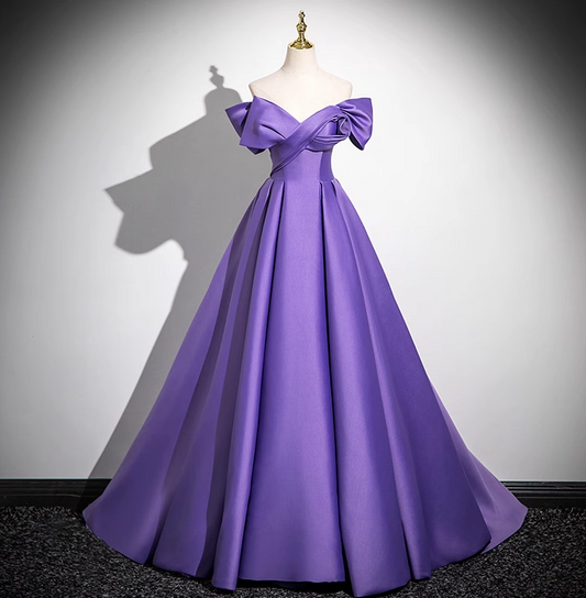 Purple A-line V-neck satin long prom dress, purple formal dress ED01141