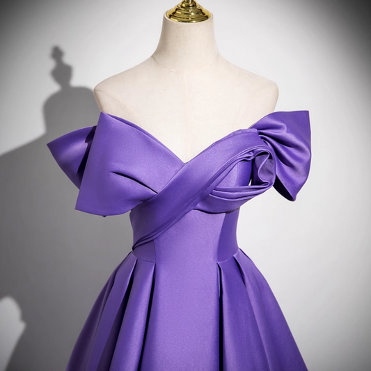 Purple A-line V-neck satin long prom dress, purple formal dress ED01141
