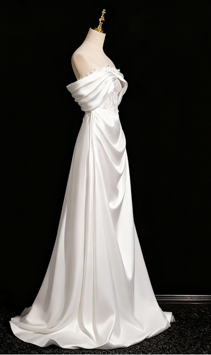 Pearl White A-line Off-shoulder Satin Lace Long Prom Dress, White Formal Long Dress ED01145