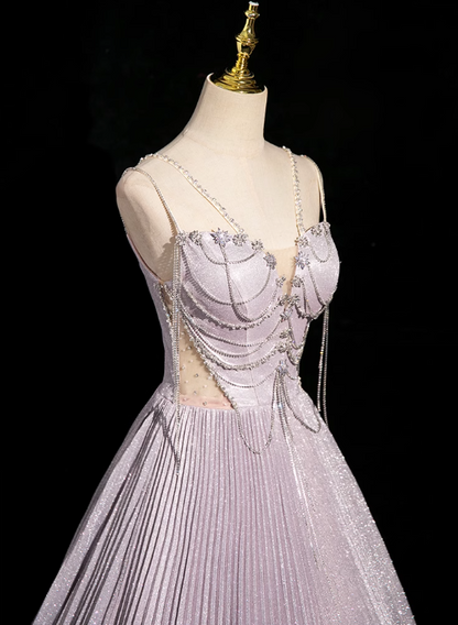 Lilac A-line V-neck Satin Rhinestone Long Prom Dress, Purple Formal Long Dress ED01147