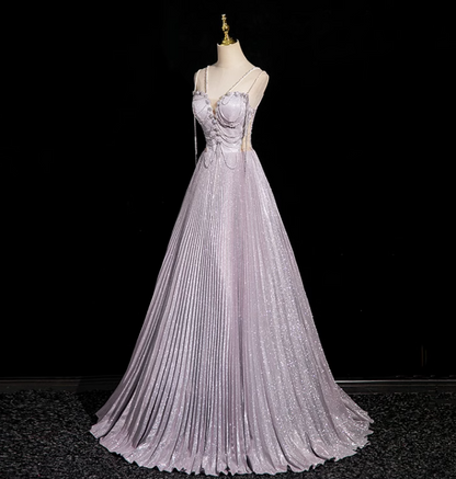 Lilac A-line V-neck Satin Rhinestone Long Prom Dress, Purple Formal Long Dress ED01147
