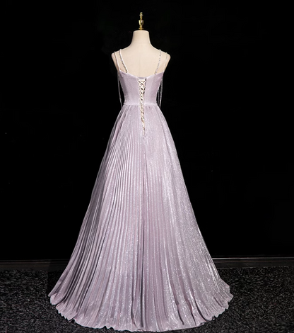 Lilac A-line V-neck Satin Rhinestone Long Prom Dress, Purple Formal Long Dress ED01147