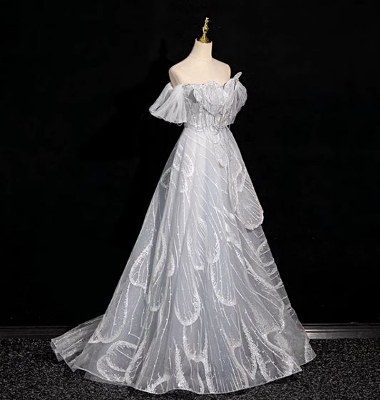 Silver grey A-line  off-shoulder tulle sequin long prom dress, silver grey formal long dress ED01149
