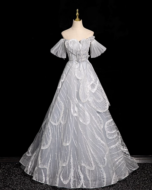Silver grey A-line  off-shoulder tulle sequin long prom dress, silver grey formal long dress ED01149
