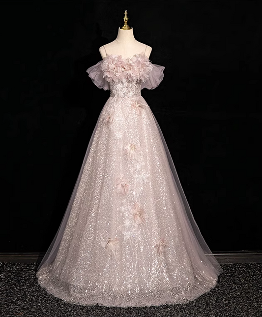 Pink A-line off-shoulder sequined tulle long prom dress, pink formal long dress ED01150