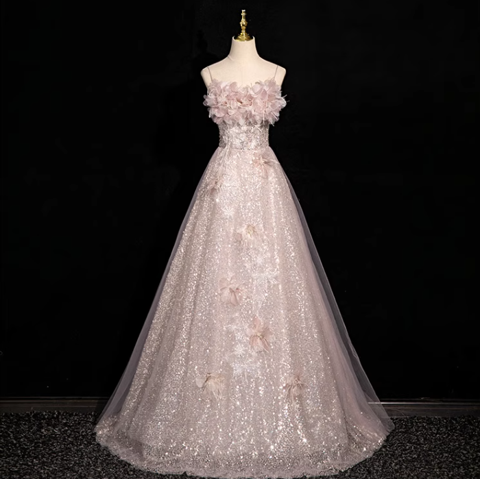 Pink A-line off-shoulder sequined tulle long prom dress, pink formal long dress ED01150