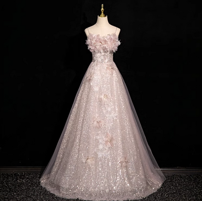 Pink A-line off-shoulder sequined tulle long prom dress, pink formal long dress ED01150