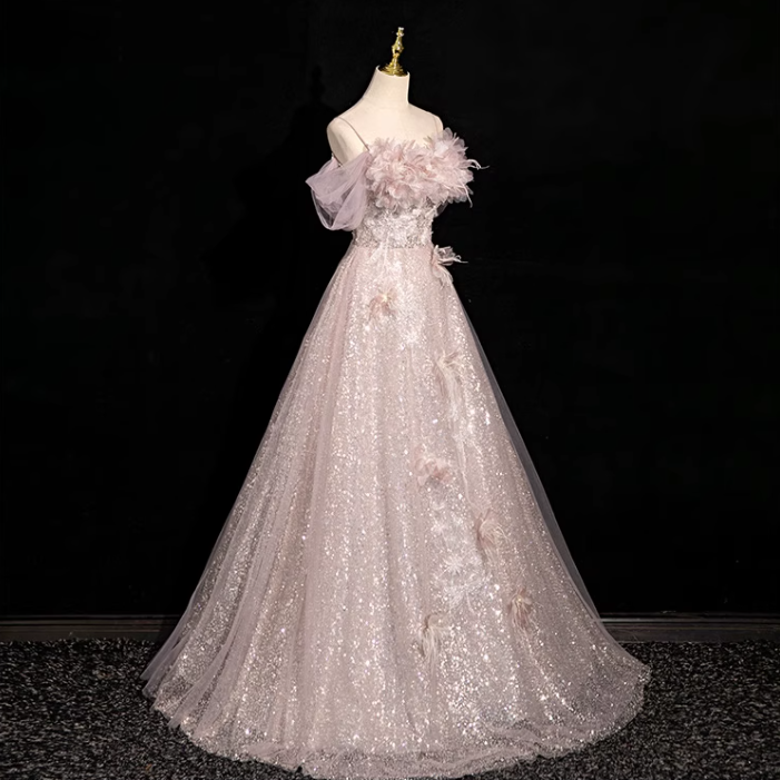 Pink A-line off-shoulder sequined tulle long prom dress, pink formal long dress ED01150