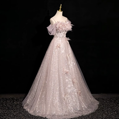 Pink A-line off-shoulder sequined tulle long prom dress, pink formal long dress ED01150