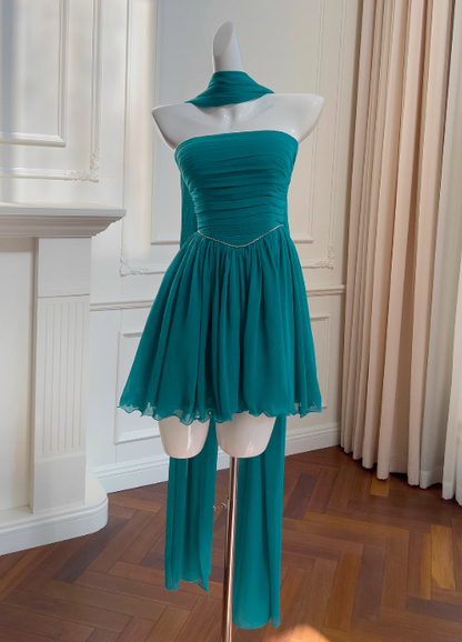 Seeblaues A-Linien-Ballkleid aus trägerlosem Chiffon, kurzes Ballkleid aus seeblauem Homecoming-Kleid ED01154