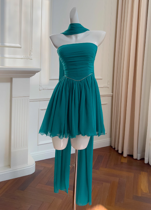 Seeblaues A-Linien-Ballkleid aus trägerlosem Chiffon, kurzes Ballkleid aus seeblauem Homecoming-Kleid ED01154