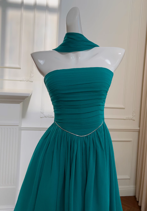 Seeblaues A-Linien-Ballkleid aus trägerlosem Chiffon, kurzes Ballkleid aus seeblauem Homecoming-Kleid ED01154