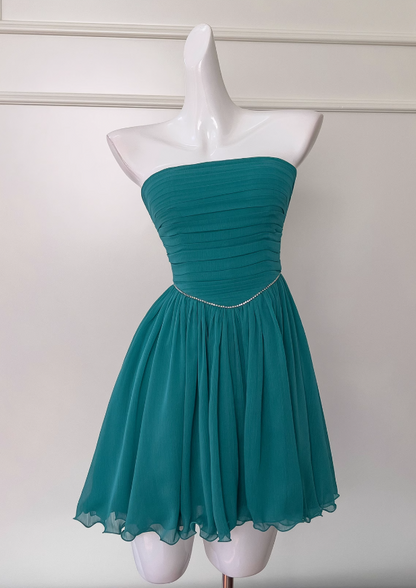 Seeblaues A-Linien-Ballkleid aus trägerlosem Chiffon, kurzes Ballkleid aus seeblauem Homecoming-Kleid ED01154