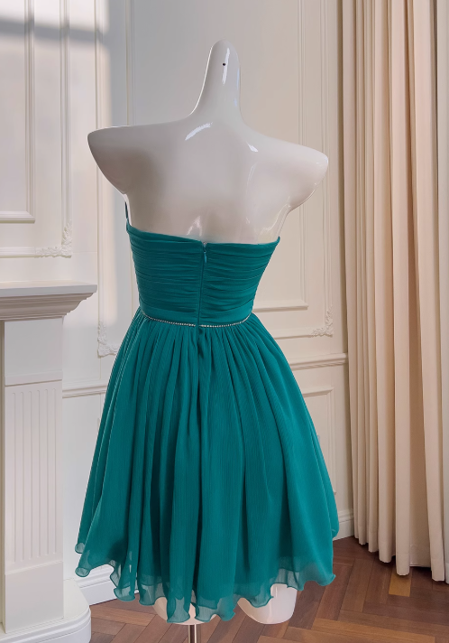 Seeblaues A-Linien-Ballkleid aus trägerlosem Chiffon, kurzes Ballkleid aus seeblauem Homecoming-Kleid ED01154
