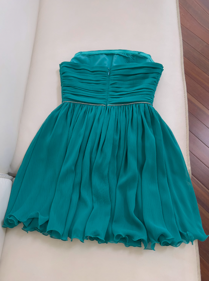 Seeblaues A-Linien-Ballkleid aus trägerlosem Chiffon, kurzes Ballkleid aus seeblauem Homecoming-Kleid ED01154
