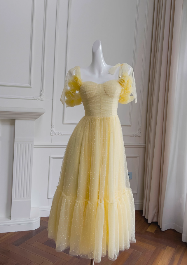 Gelbes A-Linien-Kurzballkleid aus Tüll mit herzförmigem Ausschnitt, gelbes Homecoming-Kleid ED01156