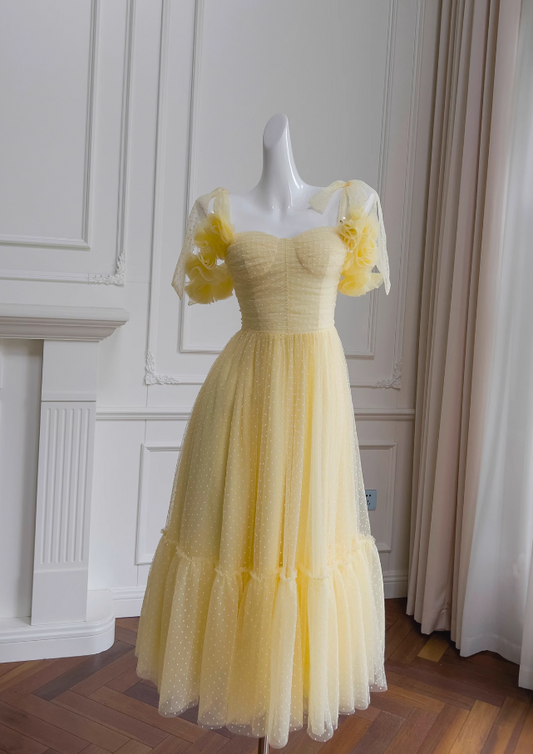 Gelbes A-Linien-Kurzballkleid aus Tüll mit herzförmigem Ausschnitt, gelbes Homecoming-Kleid ED01156