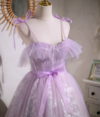 Purple A-line sweetheart neckline tulle lace short prom dress, purple homecoming dress ED01157