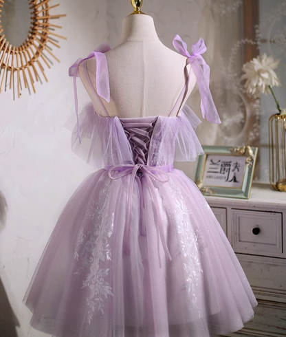 Purple A-line sweetheart neckline tulle lace short prom dress, purple homecoming dress ED01157