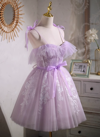 Purple A-line sweetheart neckline tulle lace short prom dress, purple homecoming dress ED01157