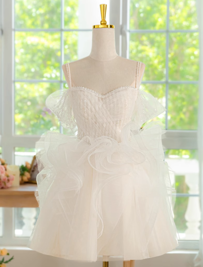 White A-line off-the-shoulder tulle lace short prom dress, white homecoming dress ED01159