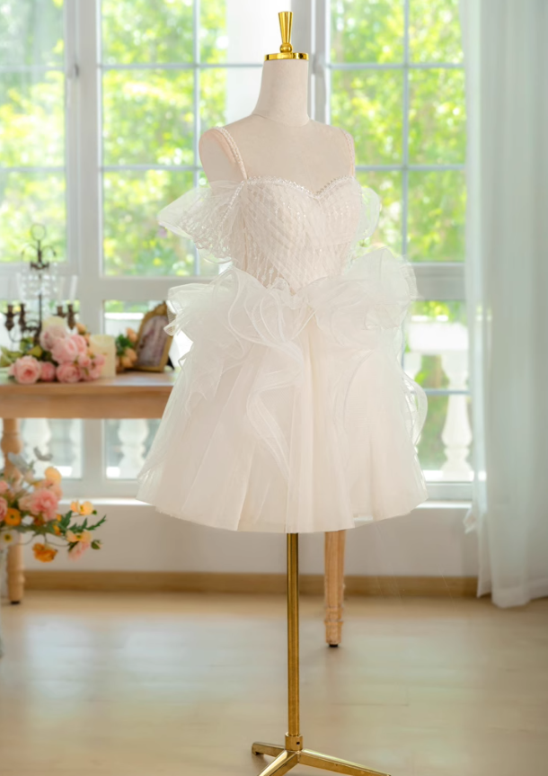 White A-line off-the-shoulder tulle lace short prom dress, white homecoming dress ED01159