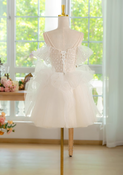 White A-line off-the-shoulder tulle lace short prom dress, white homecoming dress ED01159