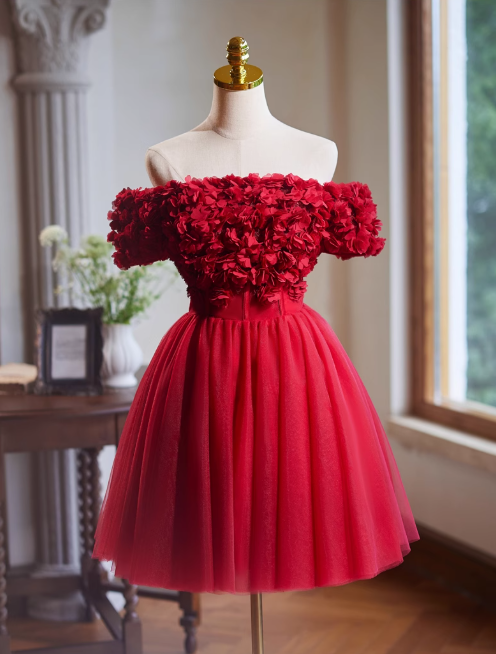 Burgunderrotes A-Linien-Ballkleid aus schulterfreiem Tüll, kurzes Ballkleid, Burgunderrotes Verlobungskleid, Heimkehrkleid ED01160