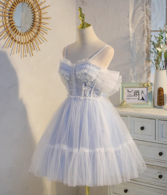 Hellblaues A-Linien-Tüll-Spitzen-Kurzballkleid mit Perlen, hellblaues Homecoming-Kleid ED01161