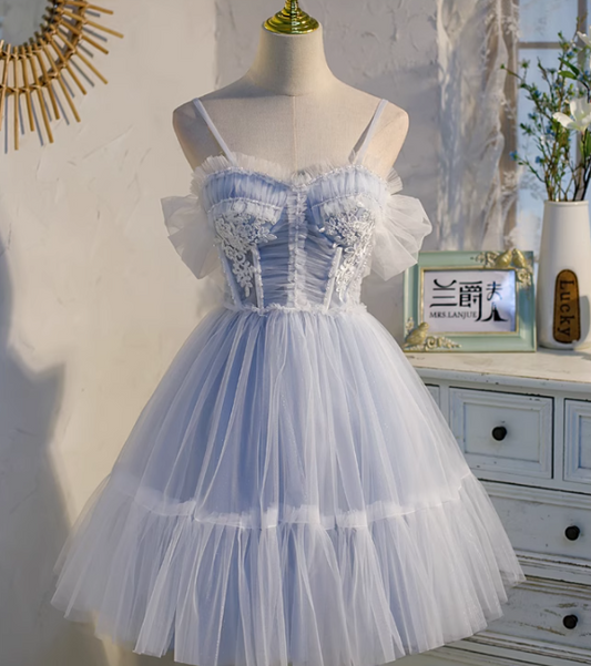 Hellblaues A-Linien-Tüll-Spitzen-Kurzballkleid mit Perlen, hellblaues Homecoming-Kleid ED01161