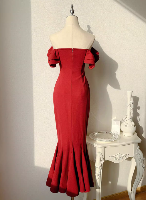 French Burgundy Off-the-shoulder Fishtail Dress Slim Fit Party Dress ED01166