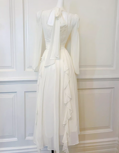 Elegantes französisches cremefarbenes Langarmkleid ED01170