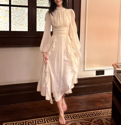 Elegantes französisches cremefarbenes Langarmkleid ED01170