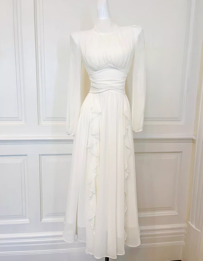 Elegantes französisches cremefarbenes Langarmkleid ED01170