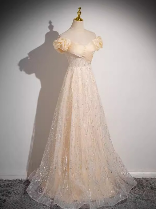Robe de bal longue en tulle pailleté, coupe A-line, épaules dénudées, couleur champagne, robe Sweet 16, ED01174
