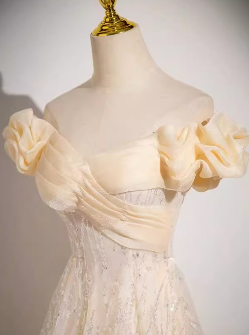 Robe de bal longue en tulle pailleté, coupe A-line, épaules dénudées, couleur champagne, robe Sweet 16, ED01174
