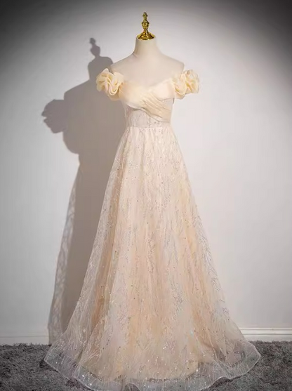 Robe de bal longue en tulle pailleté, coupe A-line, épaules dénudées, couleur champagne, robe Sweet 16, ED01174