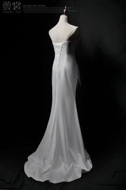 White Strapless Mermaid Tulle Satin Long Prom Dress, White Formal Dress ED01179