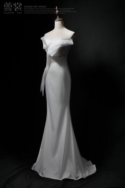 White Strapless Mermaid Tulle Satin Long Prom Dress, White Formal Dress ED01179