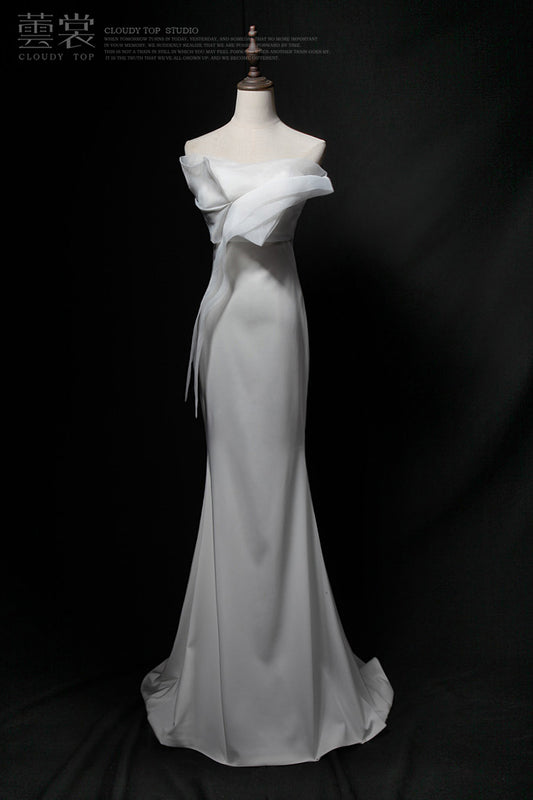 Weißes trägerloses Meerjungfrau-Tüll-Satin-Langballkleid, weißes Abendkleid ED01179