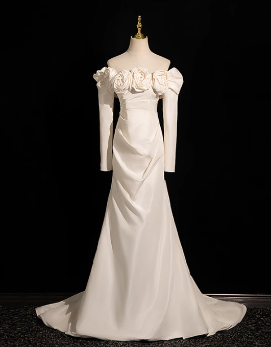 Robe de bal longue en satin beige à épaules dénudées et sirène, robe de soirée beige ED01180