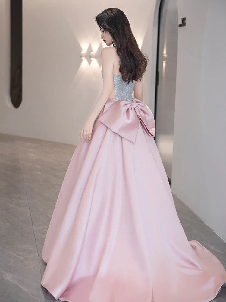 Pink A-line satin sequin long prom dress, pink formal dress ED01181