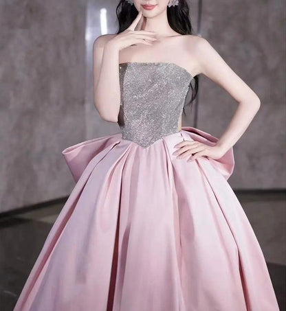Pink A-line satin sequin long prom dress, pink formal dress ED01181