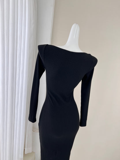 Robe noire élégante à manches longues, robe d'anniversaire ED01184