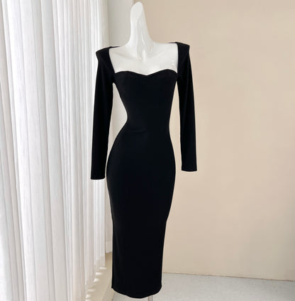 Robe noire élégante à manches longues, robe d'anniversaire ED01184
