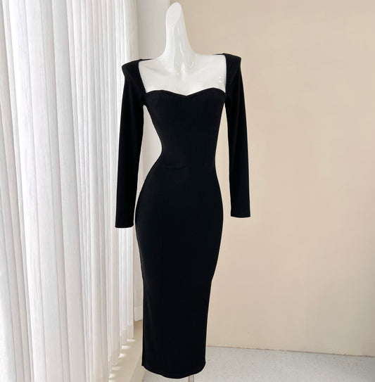 Robe noire élégante à manches longues, robe d'anniversaire ED01184