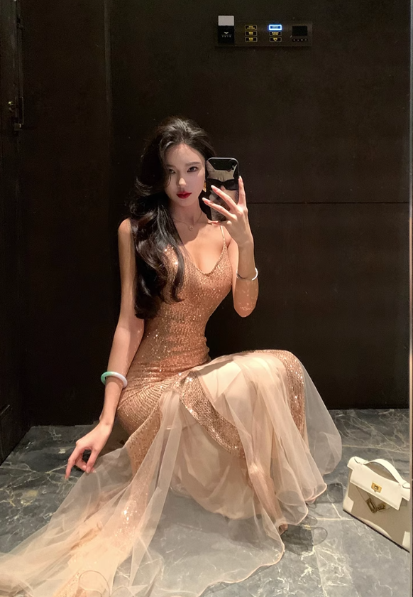 French retro sequined mesh dress Party dress ED01187